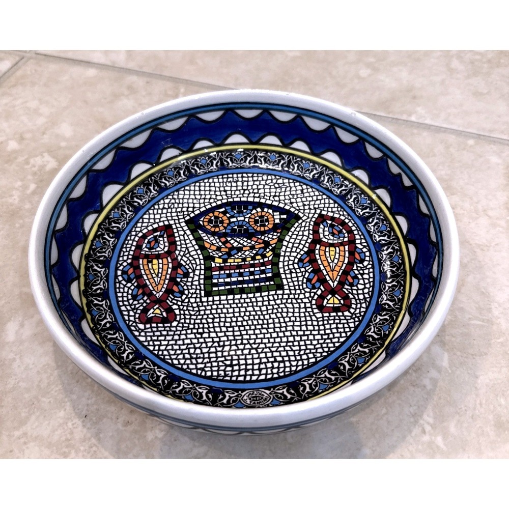 J Tamimi Hebron Palestinian Pottery Hand Painted Fish Mosaic Ceramic Bowl